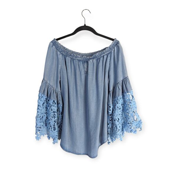 Joseph Ribkoff Blue Off The Shoulder Floral Lace Bell Sleeve Tencel Blouse Sz 12 - Picture 2 of 10